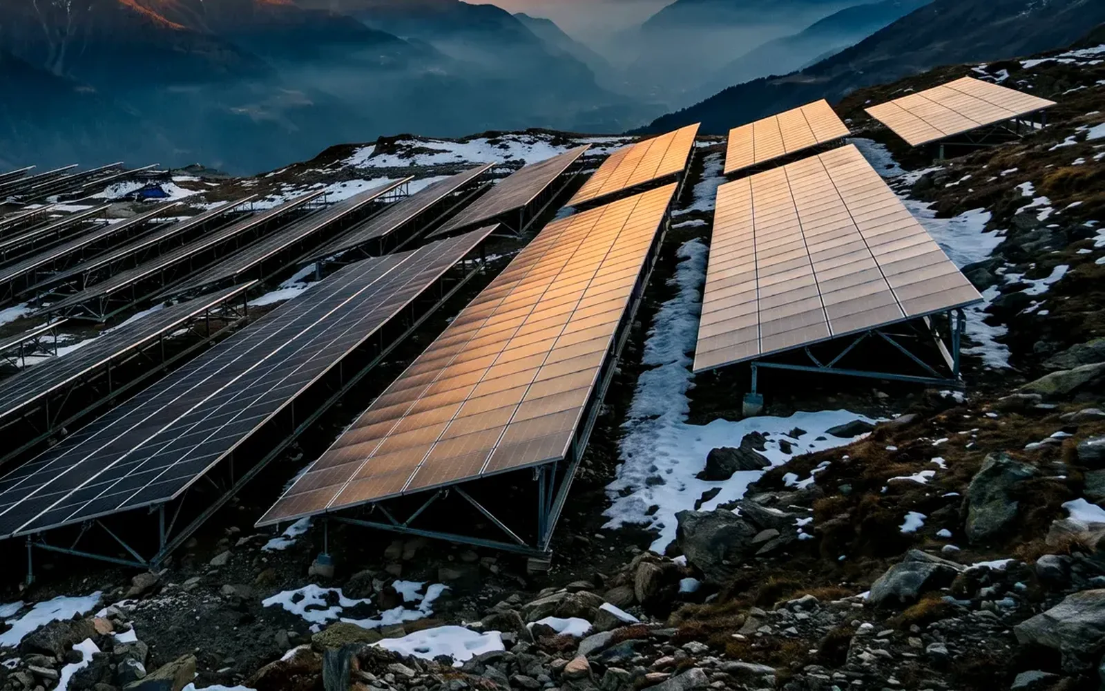 Module rows of an alpine photovoltaic plant with residual snow